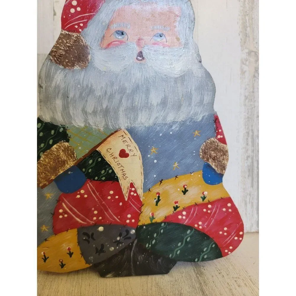 Unique vintage Santa‎ claus Merry Christmas wooden figure floral